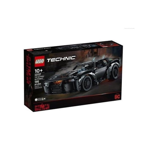 Lego Technic Batman Batmobile 42127 toy set, a detailed engineering model inspired by the 2022 Batman film. Features include illuminated bricks, steerable wheels, spinning flame, and opening doors. Ideal for display and suitable for ages 10 and up.