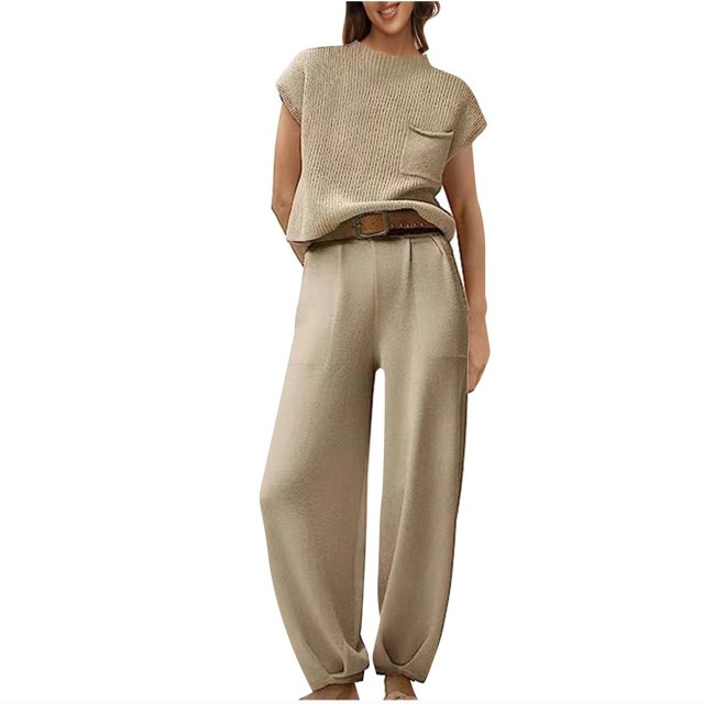 Timegard Ensembles Lounge pour Femmes, Haut Court à Manches Cap, Pantalon à Bas Resserré avec Poches, Couleur Unie, Tenues Amples