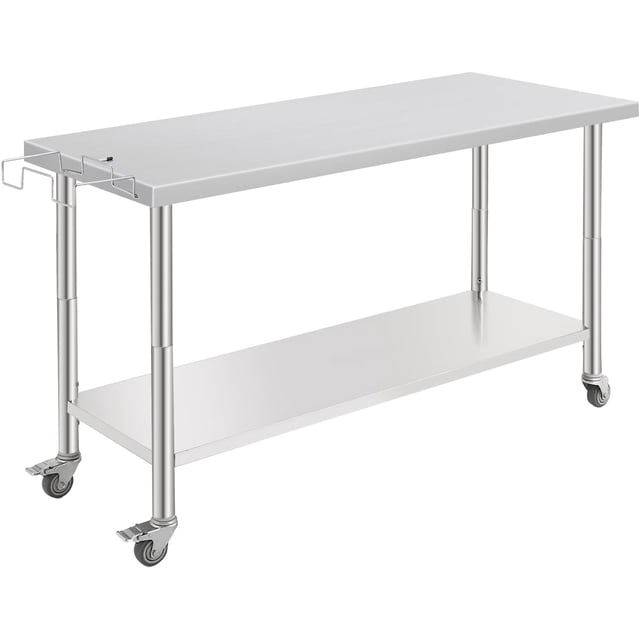 60x24 In NSF Stainless Steel Rolling Work Table with Wheels Hooks and Adjustable Undershelf Heavy Duty Prep Table for Kitchen Bar Restaurant Home
