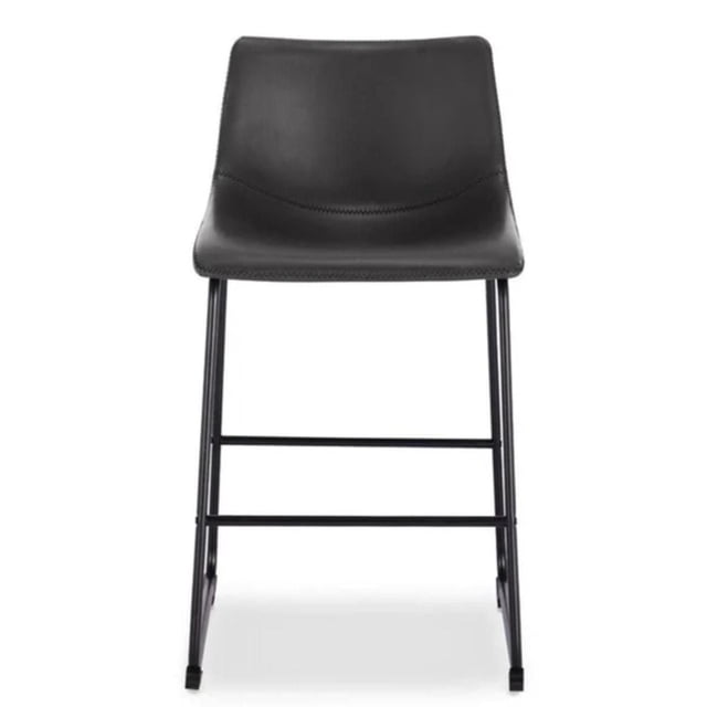 Heavenly Collection Bar Stool 30" featuring black faux leather upholstery with zig-zag stitching and matte black powder-coated steel sled legs, front-facing on white background, ideal for kitchen and dining seating with an industrial design.