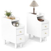 Gymax 2PCS Narrow Nightstand Solid Wood End Table w/Pull-out Tray & 2 Storage Drawers Antique White