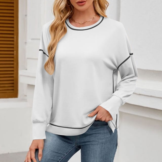 TACILIP Chandails à Col Rond pour Femmes, Hauts à Enfiler, Chemises à Manches Longues, Fente Latérale, Tenues Décontractées d'Hiver et d'Automne