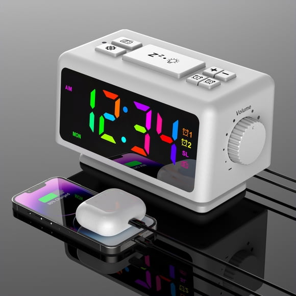 Dvkptbk Perpetual Calendar FM Radio Alarm Clock RGB Colorful Mirror Large Screen Display Electronic Clock Suitable for Giving Holiday Gifts