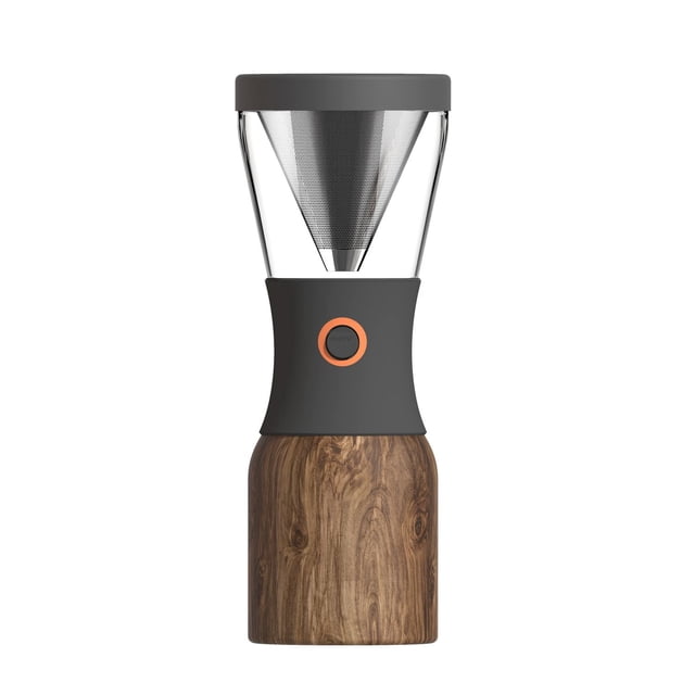 Asobu Cafetière Froide Portable Isolée Maker 40oz avec carafe Transparente en Tritan Sans BPA, Filtre en Maille en Acier Inoxydable, Prise en silicone Gris Foncé avec Bouton Anneau orange, et base à Grain de Bois, Conçue pour l'Infusion Portable de Café Infusé à Froid Doux et Faible Acidité.