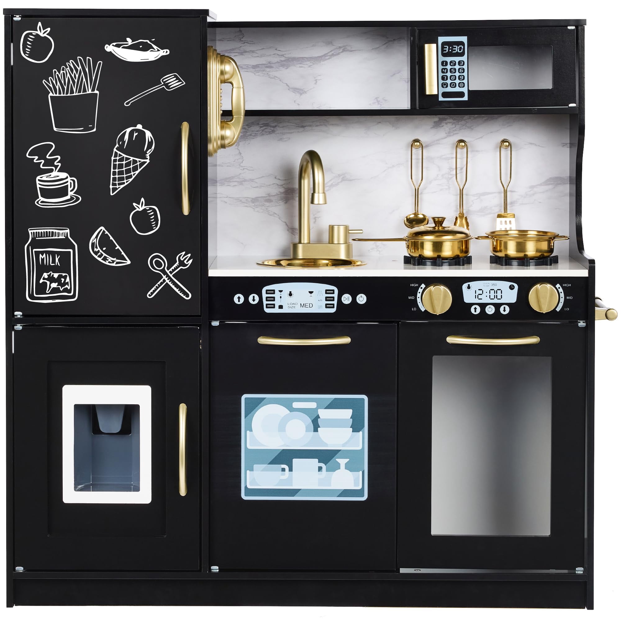 Best Choice Products Pretend Play Kitchen Wooden Toy Set for Kids w/Realistic Design Telephone Utensils Oven Microwave Sink - Black