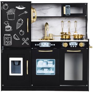 Best Choice Products Pretend Play Kitchen Wooden Toy Set for Kids w/Realistic Design Telephone Utensils Oven Microwave Sink - Black