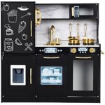 Best Choice Products Set de jouets en bois de cuisine pour enfants avec/conception réaliste Ustensiles de téléphone Étuve à micro-ondes - noir