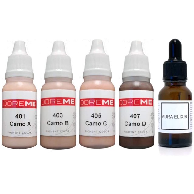 Doreme Permanent Makeup Camouflage Pigment Set Kit featuring four skin tone ink colors labeled as Camo A, Camo B, Camo C, and Camo D, along with a 1/2oz bottle of Aura Elixir Aftercare oil. The pigments are designed for covering scars, birthmarks, and skin irregularities, and can be mixed to match various skin tones. The Aura Elixir contains Grapeseed and Virgin Olive Oil for nourishing and moisturizing the skin, promoting even complexion and healing.