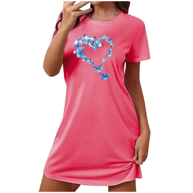 Mrat Pyjama d'Été pour Femmes, Chemise de Nuit Courte Surdimensionnée pour Femmes, Mode, Imprimé sur la Poitrine, Robe de Nuit à Manches Courtes, P-91 Rose Vif TTG