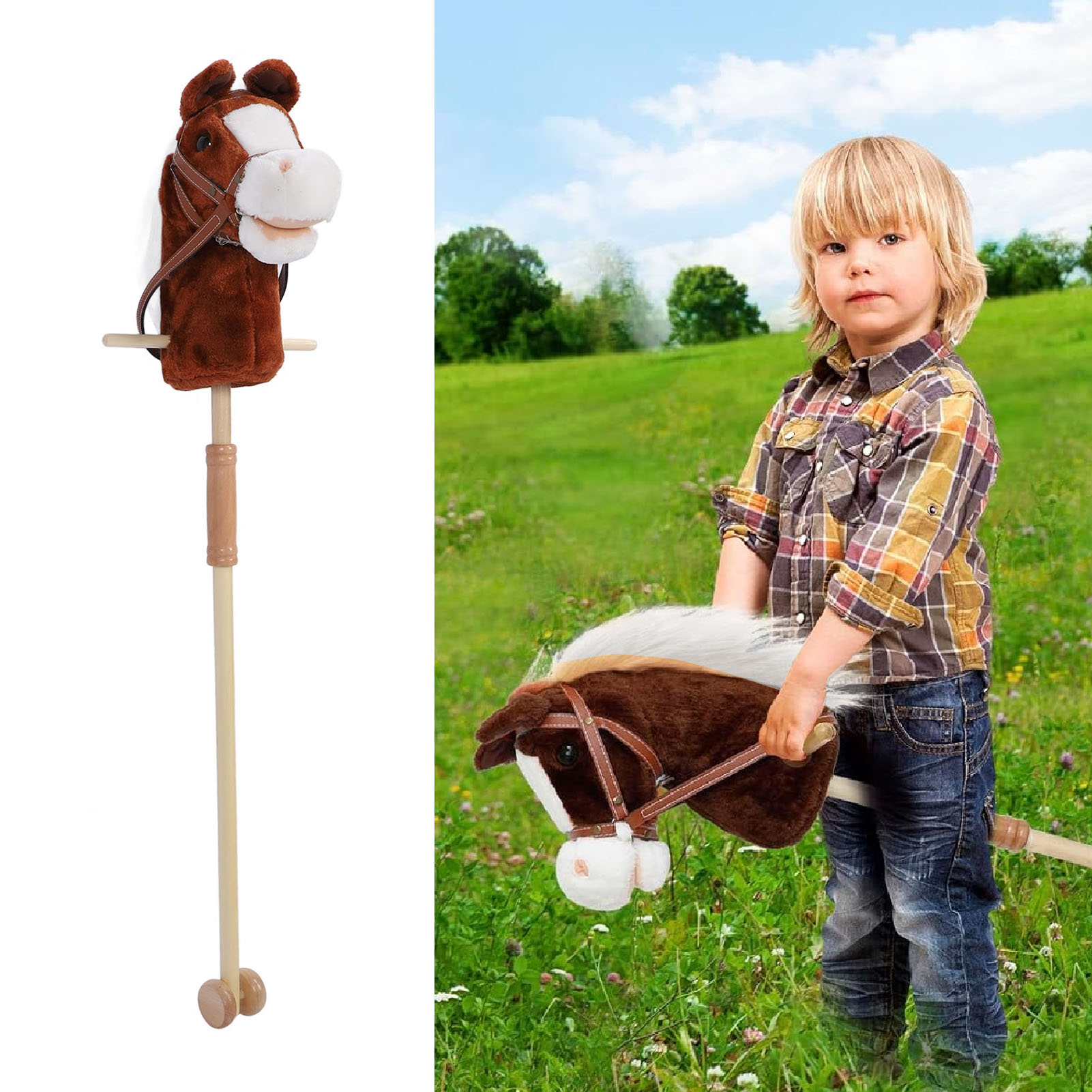 Jouet Cheval à Chevaucher, Design de Dessin Animé, Bâton Cheval en Peluche avec Roues et Poignée Épaissie pour Enfants