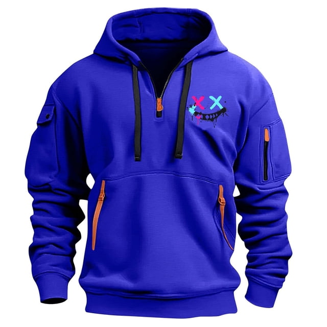 Styesk Sweatshirts for Men Men's Spring And Fall Printed Hooded Sweatshirt Zipper Multi-Pocket Pullover Sweatshirt