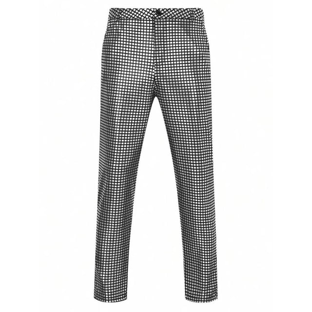 Lovzfmll Men's Metallic Sheen Straight-Leg Pants with Check Pattern, Perfect for Stage Performances and Night Outings Silver, S