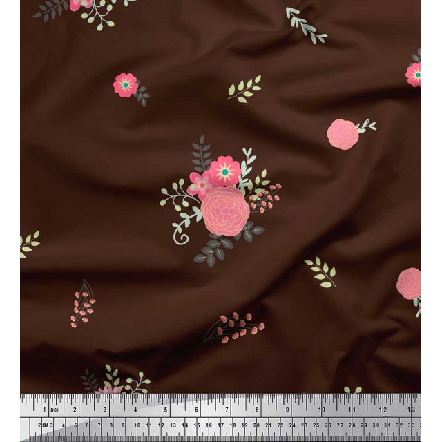 Soimoi Brown Poly Georgette Fabric Leaves & Pink Floral Decor Fabric Printed BTY 52 Inch Wide