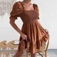 thumbnail image 4 of EGNMCR Robes de Vacances pour Femmes Robe Unie Printemps et Été Manches Courtes Ceinture Taille Manches à Volants Col Carré, 4 of 6