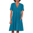 thumbnail image 1 of Swstbby Liquidation d'Économies d'Été! Robe d'Été pour Femmes, Robe Décontractée Ample Mode Rétro en Coton et Lin à Manches Courtes, Col en V, Plissée, Bleu G, 1 of 5