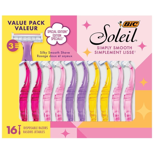 BIC Soleil Simply Smooth Women's Disposable Razors, 3 blade razors with vitamin E moisture strip, 16-count value pack featuring translucent multicolour handles in pink, purple, yellow, and light pink, designed for a comfortable grip and silky smooth shave, ideal for travel or gym use.