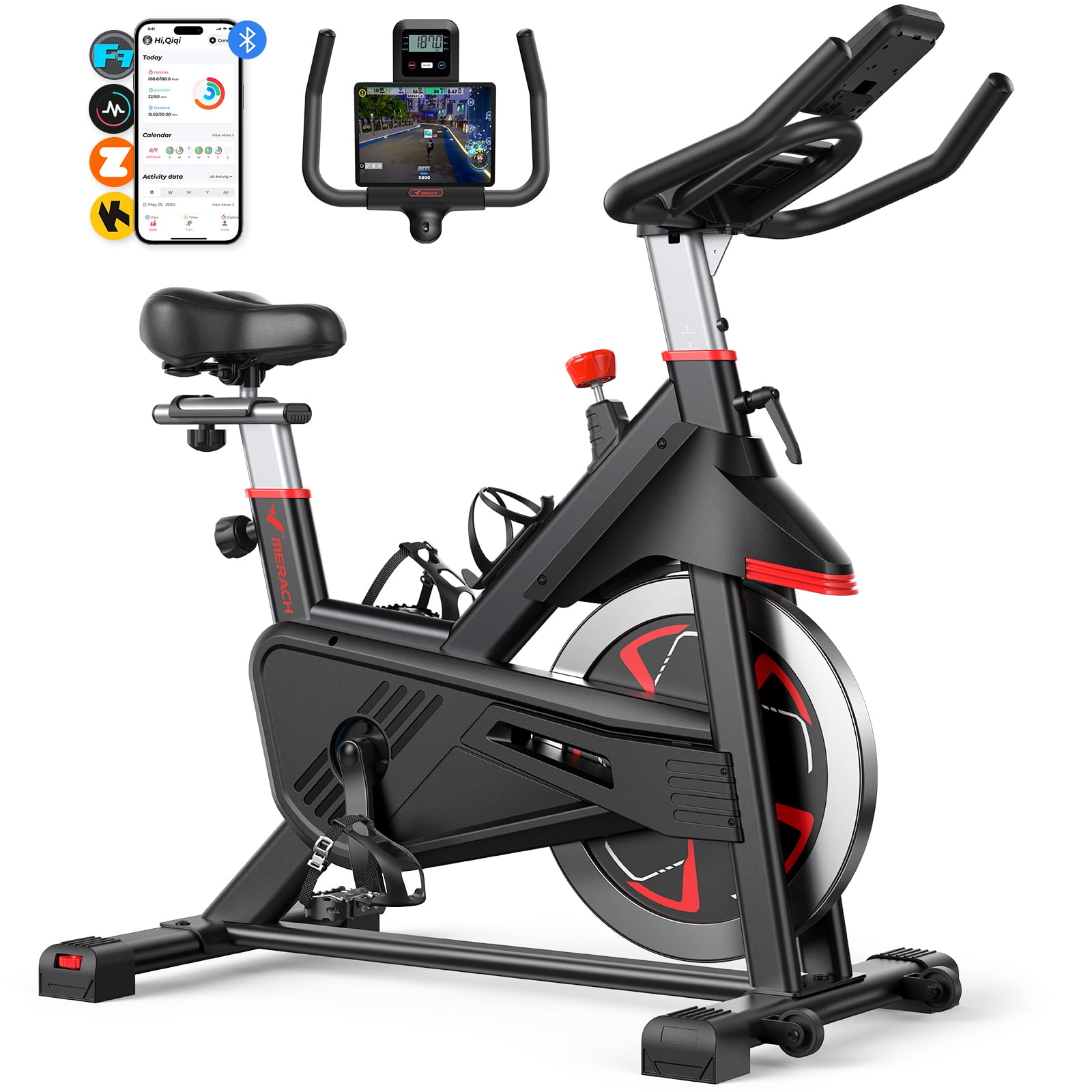 MERACH Exercise Bike Indoor Cycling Bike Stationary 100 Resistance with LED Monitor Free APP Silent Belt Drive and Comfortable Seat Cushion for Cardio Workout