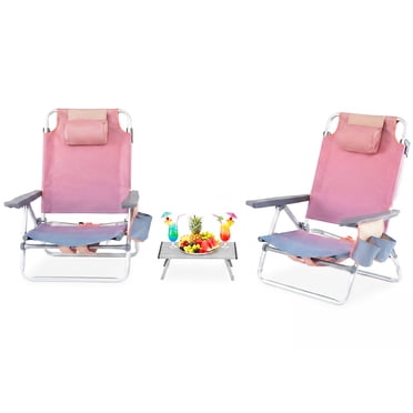 Costway Ensemble de 2 Chaises de Plage Pliantes avec Table, Chaise d'Extérieur Inclinable à 5 Positions, Rose