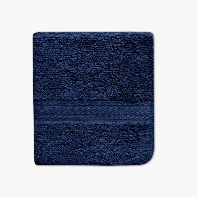 Mainstays Basic Débarbouillette Bleu Marine, 12 par 12 Pouces, Faite de 100 % Coton avec texture Éponge Bouclée et Bande Tissée Horizontale, Conçue pour une Utilisation Quotidienne Douce et Absorbante dans la Salle de Bain et un Nettoyage Doux de la Peau.