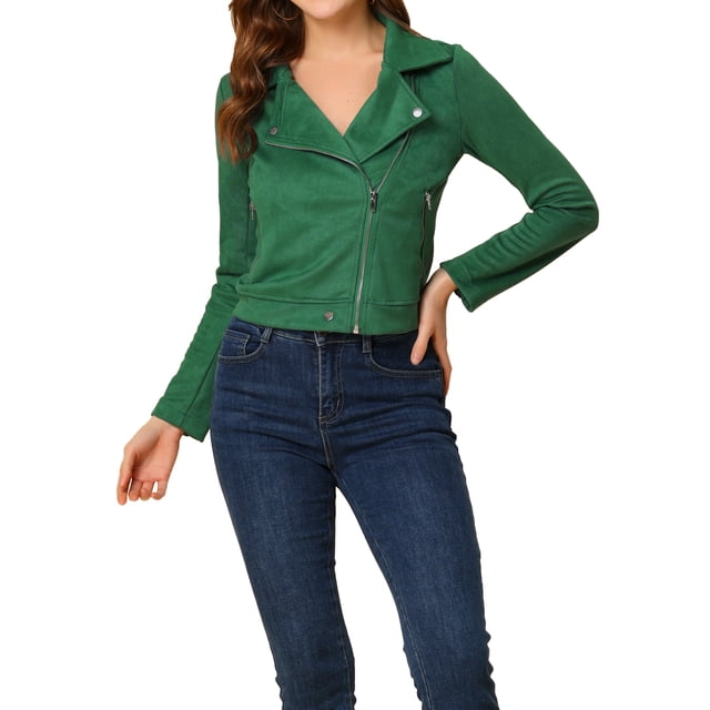 INSPIRE CHIC Women's Motorcycle Jacket Faux Suede Solid Color Asymmetric Zipper Jacket M Green
