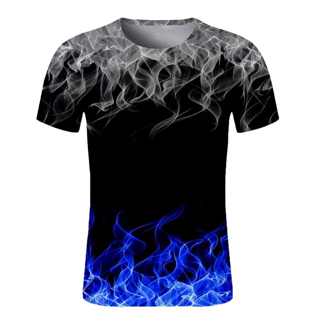 lcziwo T-Shirts Graphiques pour Hommes - T-Shirts Graphiques Fantaisie 3D Réalistes à Imprimé Flamme Numérique, Manches Courtes, Col Rond, T-Shirts Grande Taille d'Été 2024 Bleu TTTG