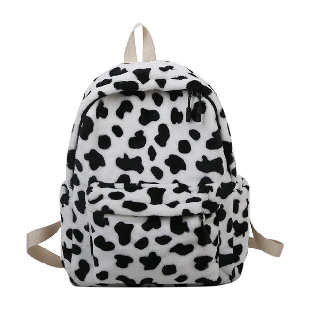 Vintage Women Cow Pattern School Bags Plush Backpack Large Capacity Bagpack