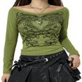 thumbnail image 1 of Women Close-fitting Pullover T-shirts Autumn Spring White Printed Pattern Long Sleeve V-neck Tops Green M, 1 of 8