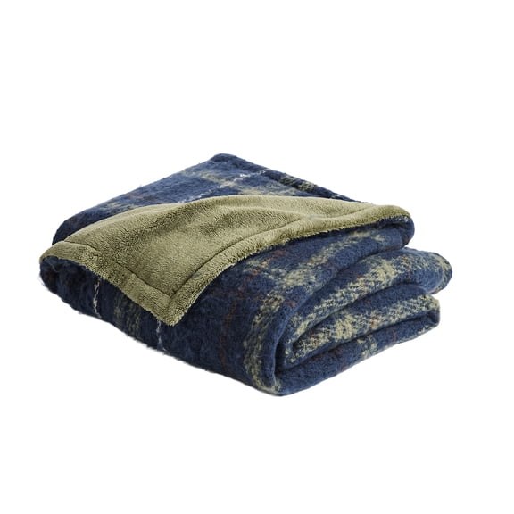 Fraiche Holiday Collection Reversible Throw Navy Plaid with Solid Green Reverse, 50 in x 60 in