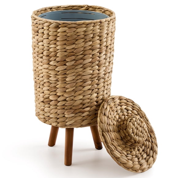 Tidita 1.5 Gallon Wicker Trash Can with Lid, Water Hyacinth Wicker Waste Basket for Bathroom - Decorative Bathroom Trash Can with Wooden Leg - Rattan Garbage Can with a