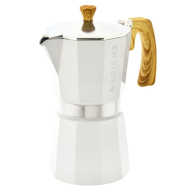 Grosche Milano Stovetop Espresso Maker - 6 cup, a classic Italian Moka pot made of food-safe EN301 aluminum with a white finish and wood-textured handle. Features a burn guard handle, tight seal, and compatibility with gas and electric stovetops. Ideal for brewing strong espresso shots. Not suitable for induction stovetops.