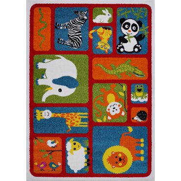 Ladole Rugs Tapis Contemporain pour Enfants à Thème d'Animaux Adorables en Rouge et Multicolore, 5x7 (5 Pieds3 Pouces x 7 Pieds4 Pouces, 160cm x 225cm)