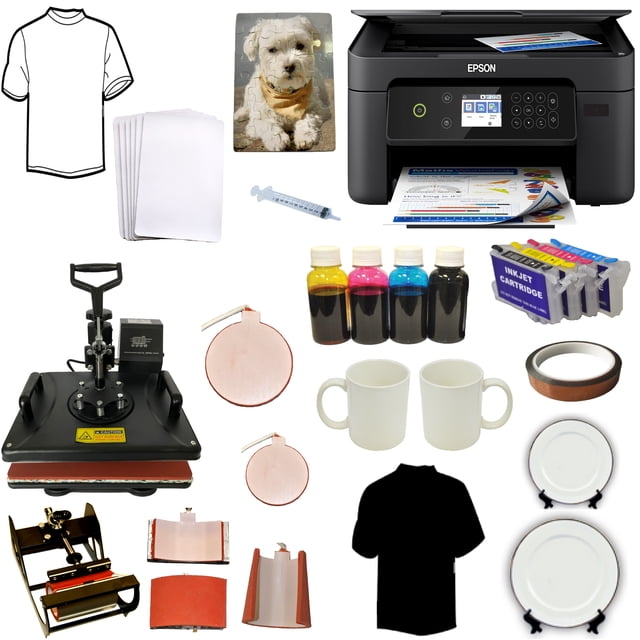 Machine de Transfert Thermique Machine de Transfert Thermique 5-en-1 Imprimante Teinture Sublimation Ensemble d'Encre Comprenant une Presse Thermique Multifonctionnelle avec Accessoires pour T-shirts, Tasses, Chapeaux et Assiettes. Comprend une Imprimante Tout-en-un Sans Fil, des Cartouches d'Encre Rechargeables, Encre de Sublimation Teinture en cyan, magenta, Jaune et Noir, Papier de Transfert par Sublimation, Papier de Transfert Clair et Foncé, Ruban Résistant à la Chaleur et Articles Vierges comme T-shirts, Tasses et Étuis de Téléphone pour Personnalisation. la Presse
