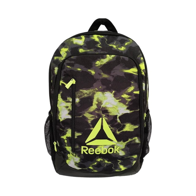 TUCKER BACKPACK by Reebok with a black and neon yellow abstract camo pattern, front zip and mesh side pockets for organization, a top handle, and water-resistant durable fabric, ideal for adult backpacks used daily or for travel.