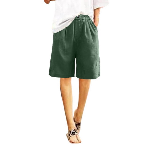 Penkiiy Bermudas en Lin à Cordon pour Femmes Taille Élastique Été Coton Court 2TG Vert