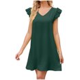 thumbnail image 2 of Robes pour Femmes 2024 Été Surdimensionnée Tempérament Douce Col en V Manches Bouffantes Couleur Unie Robe Confortable Robe Courte Rabais de 50 % Liquidation!, 2 of 7