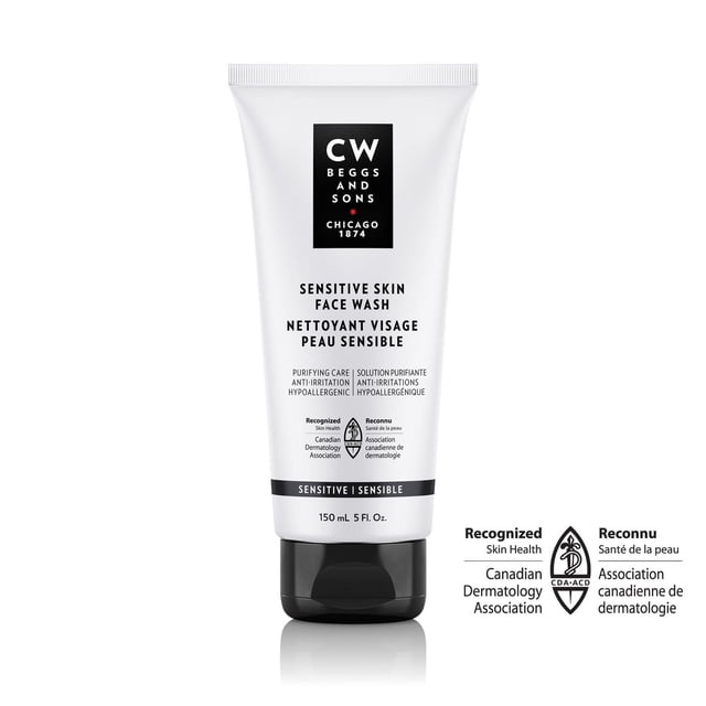 CW Beggs and Sons Nettoyant pour le Visage Peau Sensible en tube Blanc de 150 ml avec Capuchon Rabattable Noir, Étiqueté en Anglais et en Français, Reconnu par l'Association Canadienne de Dermatologie pour des Soins Purifiants, anti-irritation et Bienfaits Hypoallergéniques, Formulé pour Nettoyer et Apaiser Efficacement la Peau Sensible.