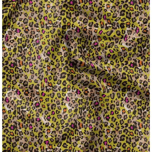 Soimoi Yellow polyester Crepe Fabric Leopard Animal Skin Print Fabric by the Yard 52 Inch Wide