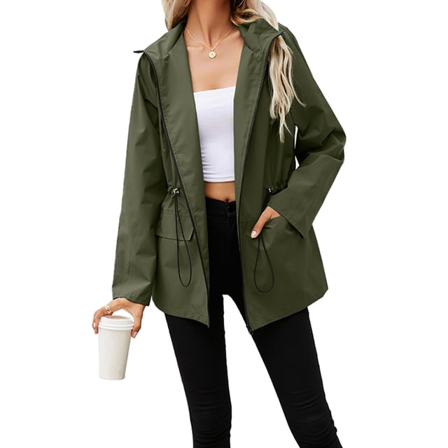 Women Zip Up Hooded Jacket Long Sleeve Waterproof Lightweight Jacket Outdoor Drawstring Jackets Windbreaker