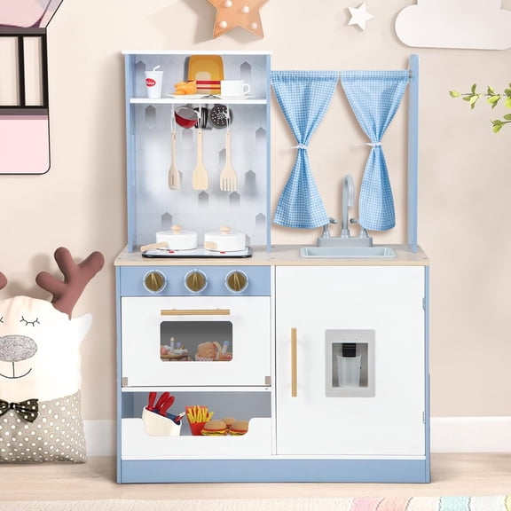 OLAKIDS Kid Kitchen Playset, Toddler Wooden Pretend Cooking Set with Realistic Light & Sound, Stove, Sink, Microwave, Storage Cabinet, Play Kitchen Toy Set for Children Boys Girls (Pastoral)