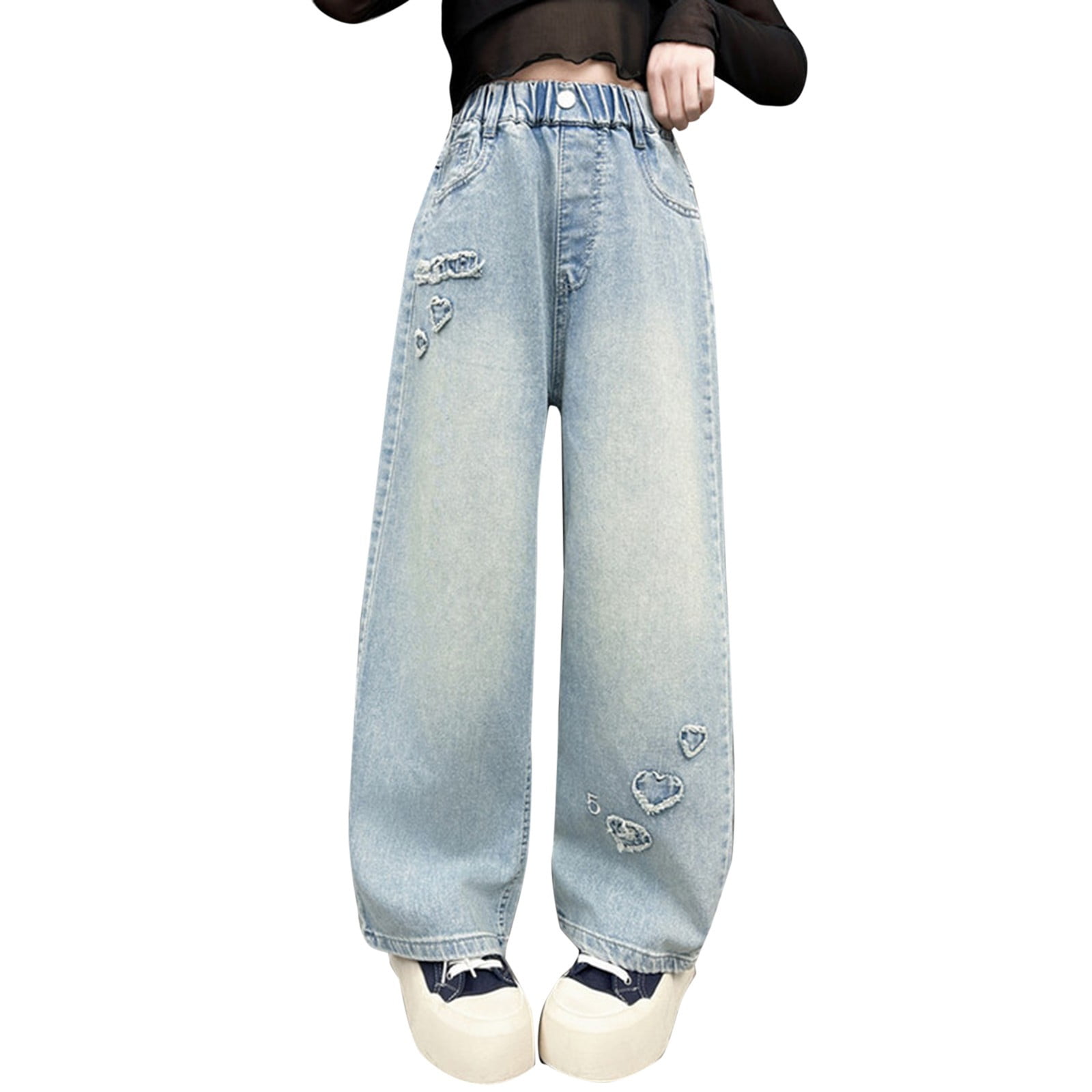 UACY Kids Girls Cute Embroidery Print Jeans Baggy Wide Leg Washed 