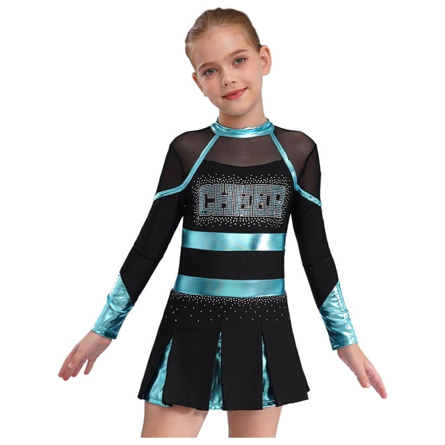 RUNQHUI Filles Enfants Paillettes Manches Longues Robe de Danse Ballet Uniforme d'Équipe Compétition Encouragement Danse Noir&Bleu Vert 8