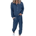thumbnail image 1 of Pisexur Womens Lounge Set Trendy Casual Solid Color Matching Set Long Sleeve Button Drawstring Hooded Sweathirts Tops Wide Leg Sweatpants Tracksuit with Pockets 2 Piece Travel Outfits, 1 of 6