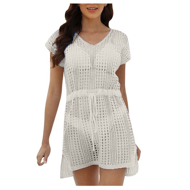 Maillots de Bain Grande Taille pour Femmes Mode Col Rond Manches Courtes Ample Ajouré Blouse de Maillot de Bain de Plage en Liquidation