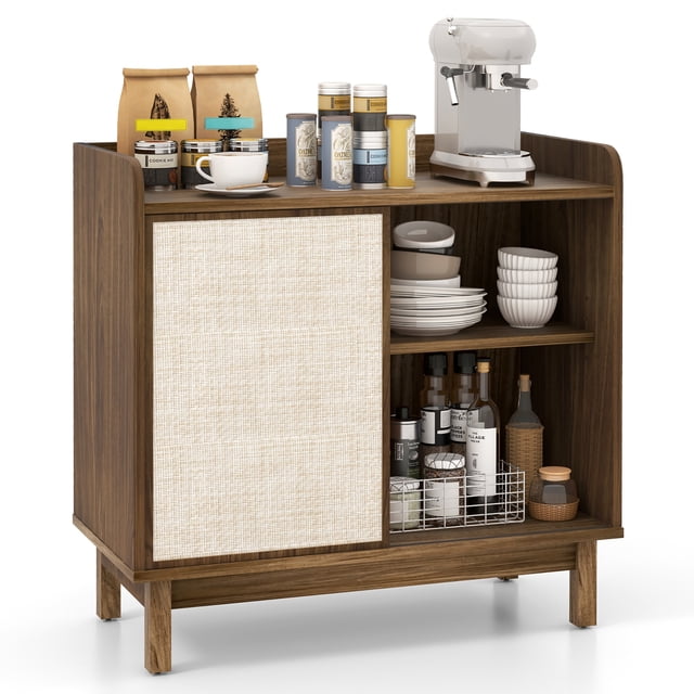 Gymax Buffet Bahut en Rotin avec Tablettes Ajustables Armoire de Rangement et Porte Coulissante