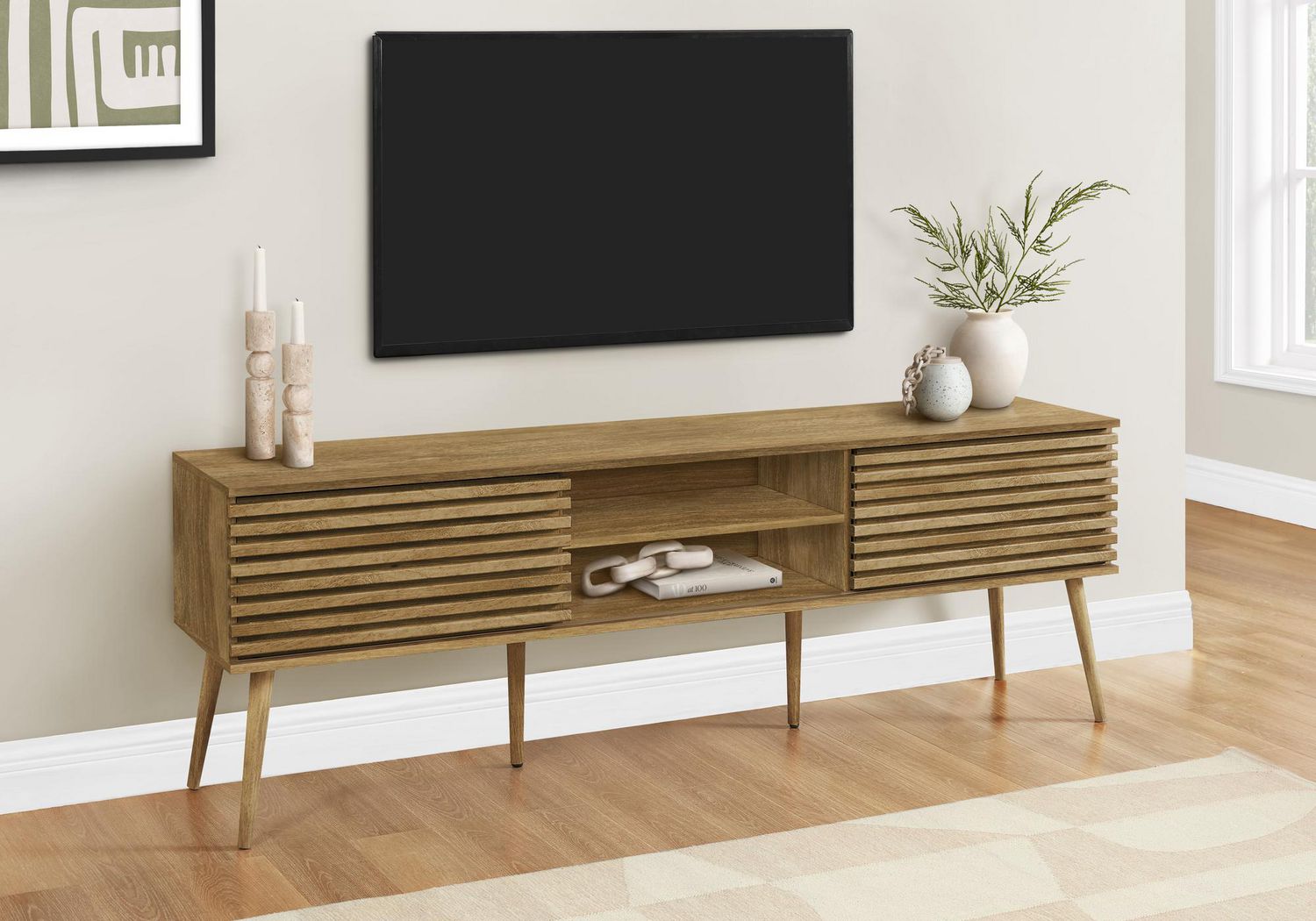 Monarch Specialties Tv Stand, 72 Inch, Media Entertainment Center, Storage Cabinet, Console, Storage Shelves, Bedroom, Living Room, Black Laminate, Contemporary