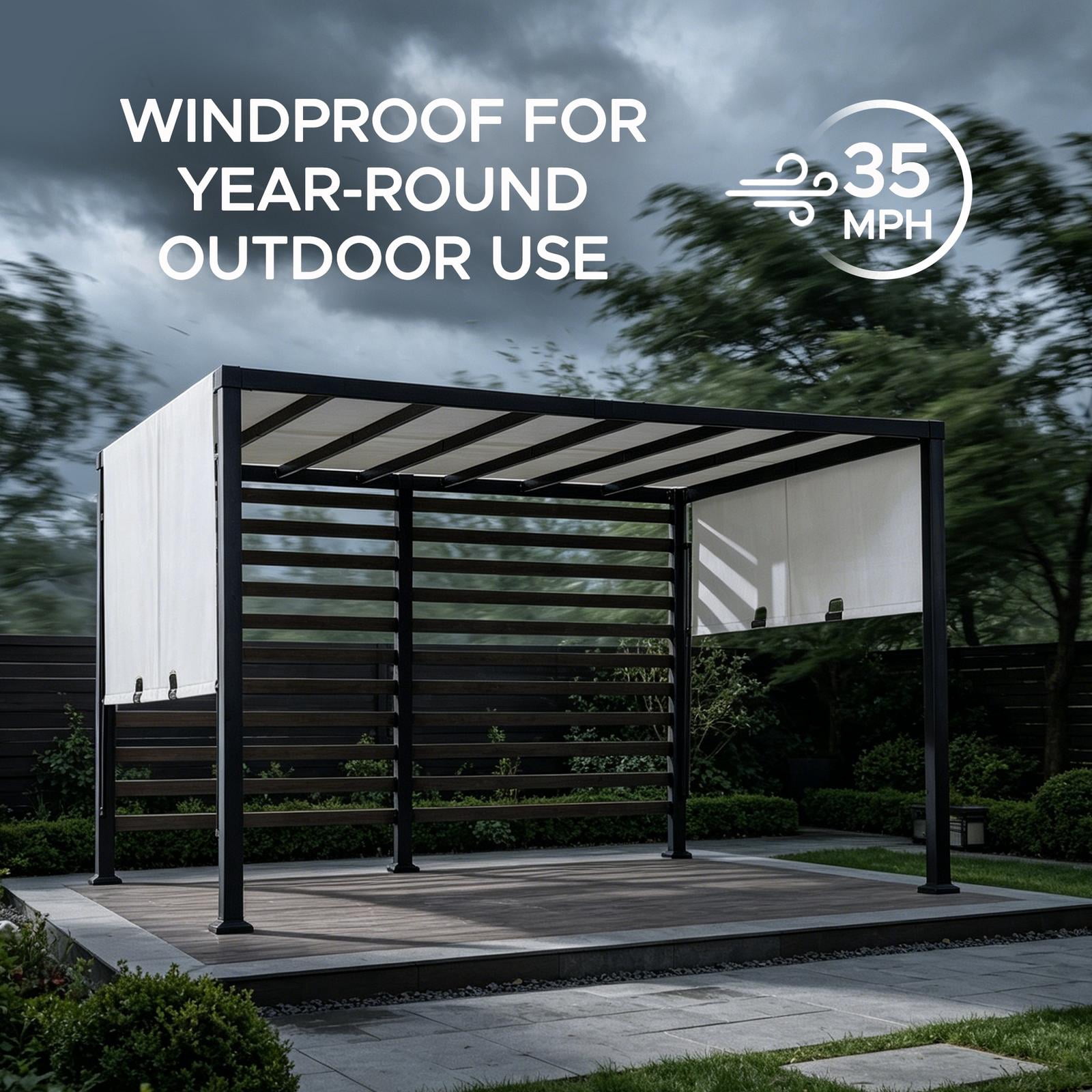Sunjoy Pergola de jardin métallique moderne 10 x 12 pi avec toit réglable blanc et mur de confidentialité.