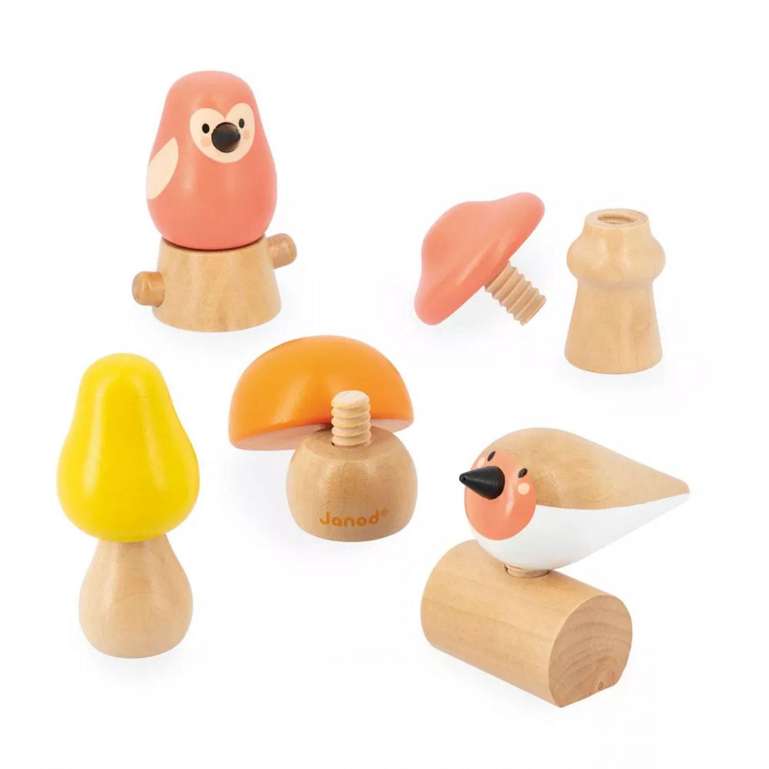 Janod - Oiseaux et Champignons à Visser - Jouet de Construction et d'Empilage - Jeu de Manipulation et de Préhension - Bois - Éveil Précoce - Pour Bébés et Tout-Petits - Dès 18 Mois - J08643