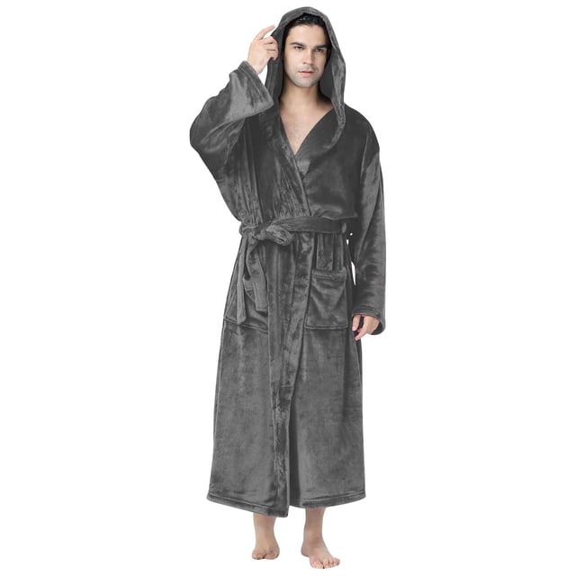 SHTXOZHI Men's Flannel Robe Warm Fleece HoodedSpa Bathrobe Winter Soft Robes with Pockets