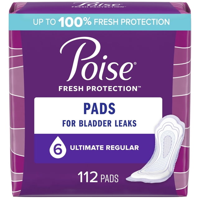 Poise Incontinence Pads for Women, 6 Drop Ultimate Absorbency, Regular length, 112 count in purple packaging with white and blue text, showing a single white pad with textured absorbent surface designed for bladder leak protection and odor control.