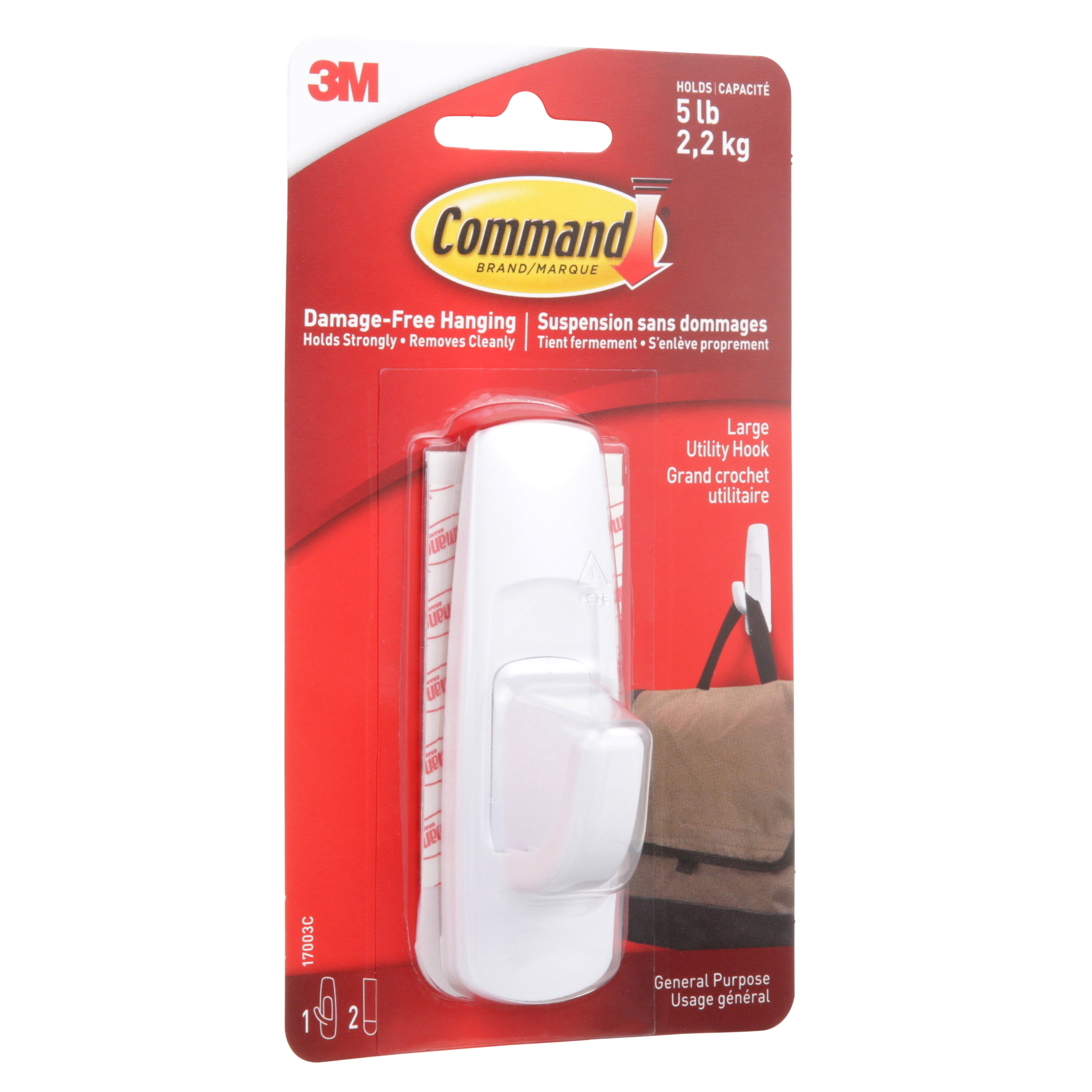 Crochets utilitaires Command, grands, blancs, supportent 2,3 kg (5 lb), 1 crochet, 2 bandes adhésives